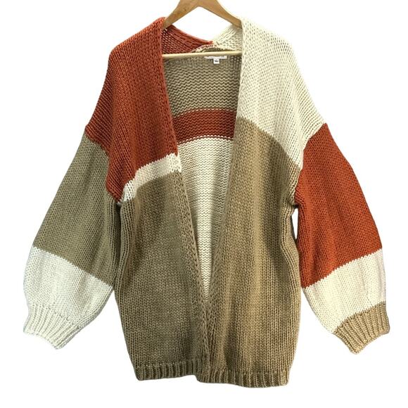 Macaron Oversized Colorblock Rust Cream Tan Cozy Soft Knit Cardigan Women Large - Picture 1 of 9